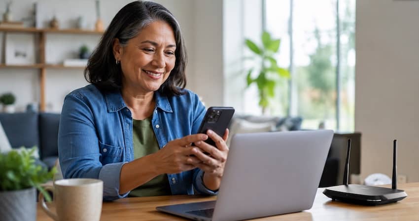 Woman using a smartphone beside a laptop and Wi-Fi router while learning about the Lifeline Program.