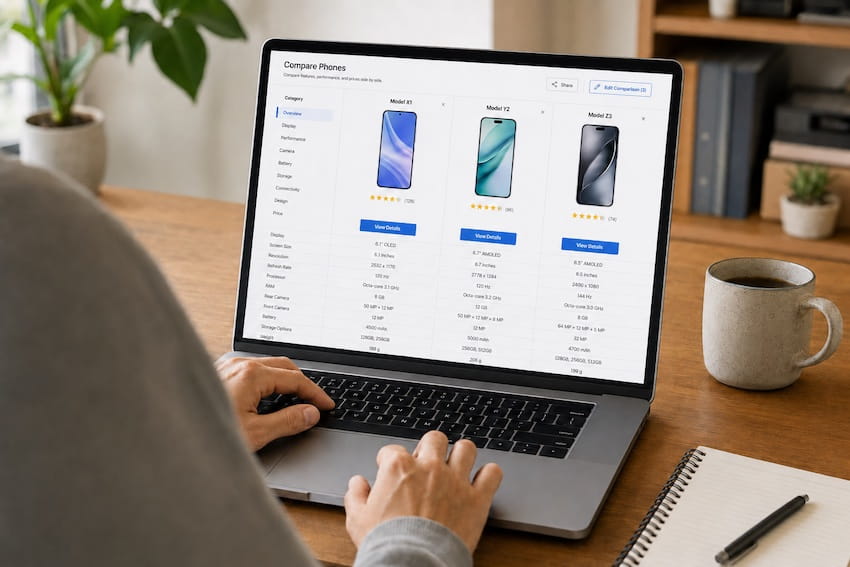 Person using a laptop to compare the best free Lifeline phones online