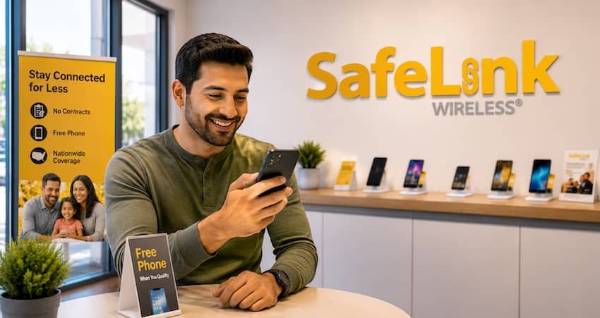 Customer using a smartphone inside a SafeLink Wireless store for a SafeLink Wireless review