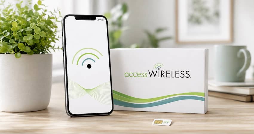 Access Wireless review image showing a smartphone displaying a Wi-Fi signal graphic, a branded product box, and a SIM card on a desk.