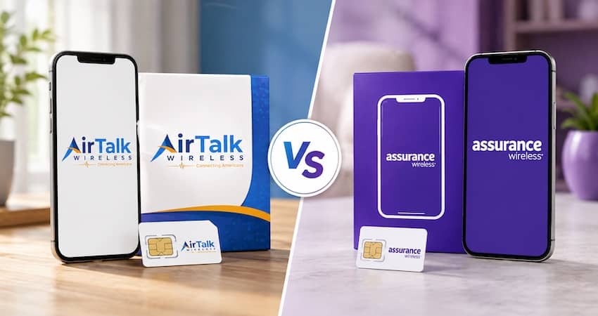 Comparison of AirTalk Wireless vs Assurance Wireless with branded phones, SIM cards, and packaging shown side by side.