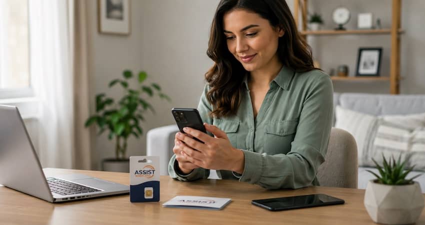Woman using a smartphone beside an Assist Wireless SIM kit for an Assist Wireless review.