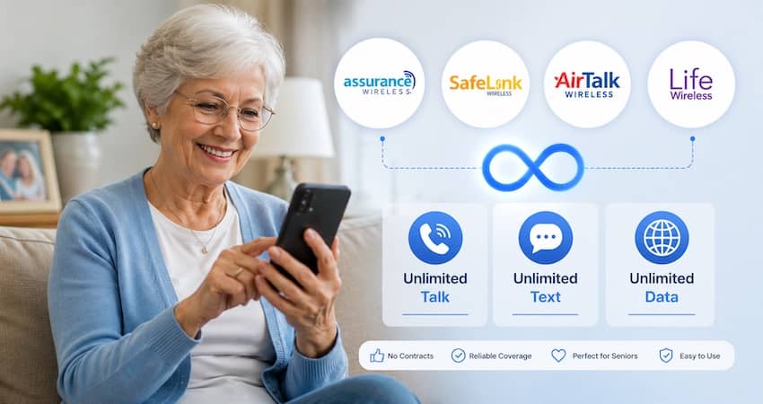 Best Lifeline Providers for Seniors featuring an older woman using a smartphone with unlimited talk, text, and data options.