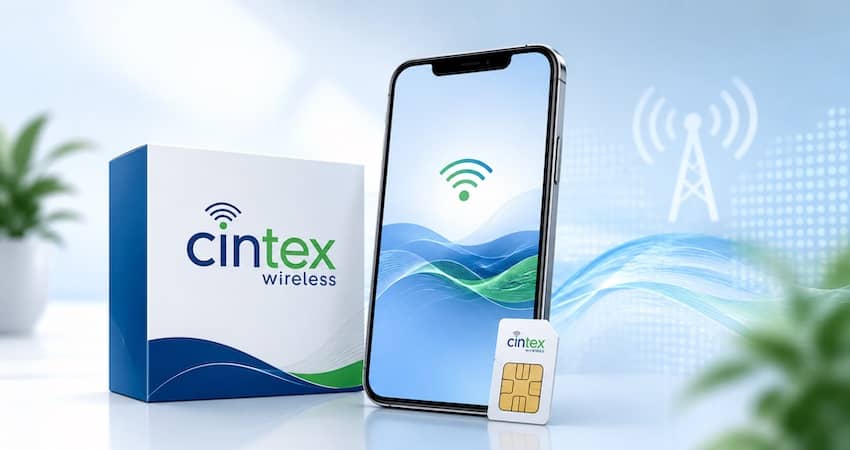 Cintex Wireless review image showing a branded SIM card, modern smartphone with signal icon, and product packaging.