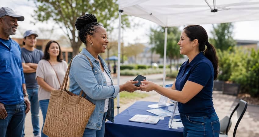 Woman receiving a free government phone from a local outdoor enrollment stand while other applicants wait nearby.