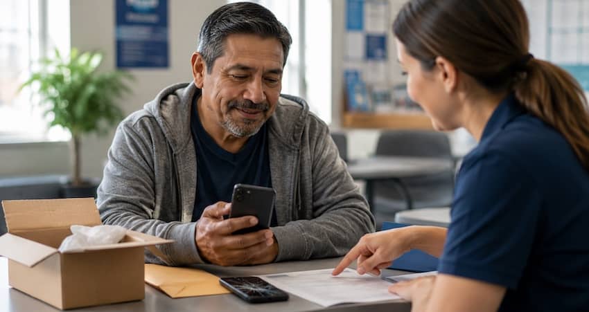 Man receiving help with a SafeLink phone replacement at a customer service center