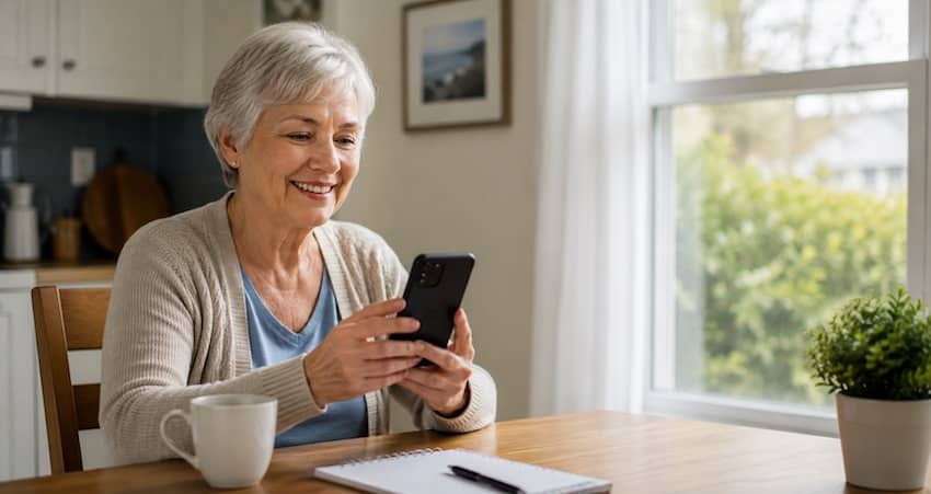 Senior woman smiling while using a free cell phone available to eligible Medicare recipients.