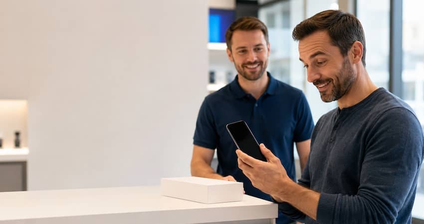 Man setting up a free Samsung government phone with help from a store representative.