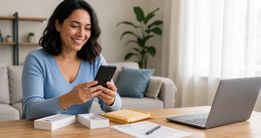 Woman setting up her new free phone at home after receiving it from Unity Wireless.