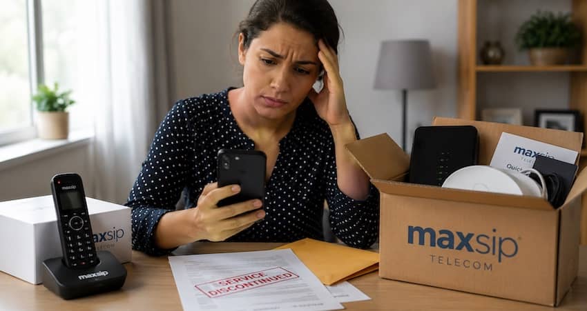 Concerned woman checking her phone after learning that Maxsip Telecom is winding down, with service equipment packed nearby.