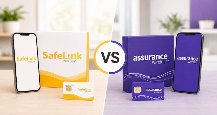 SafeLink Wireless vs Assurance Wireless comparison featuring branded smartphones, SIM cards, and service packaging.