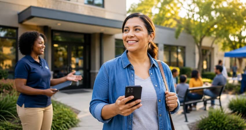 Woman using her smartphone after learning about Solix Lifeline program service benefits at a community assistance center.