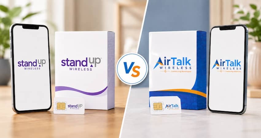 StandUp Wireless vs AirTalk Wireless comparison featuring branded smartphones, SIM cards, and service packaging.