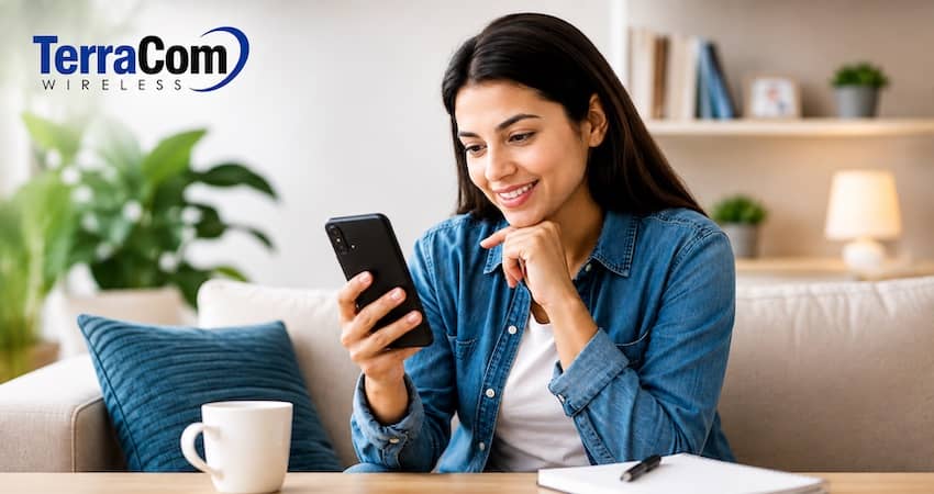 TerraCom Wireless Review featuring a woman using a smartphone at home.