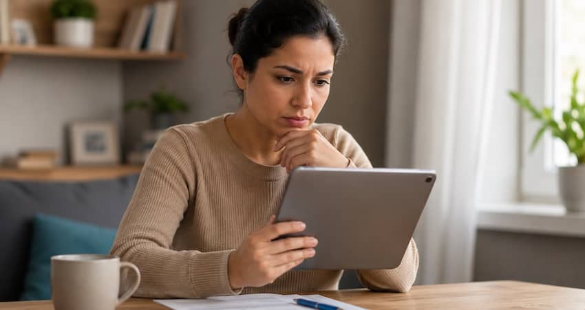 Concerned woman reading information on a tablet while researching the truth about the free government tablet Lifeline program