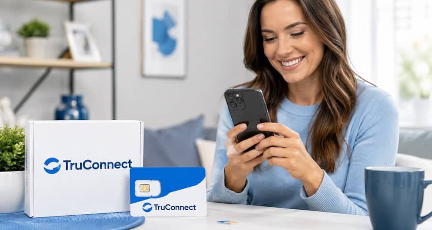 TruConnect Review featuring a woman using a smartphone with TruConnect wireless service.