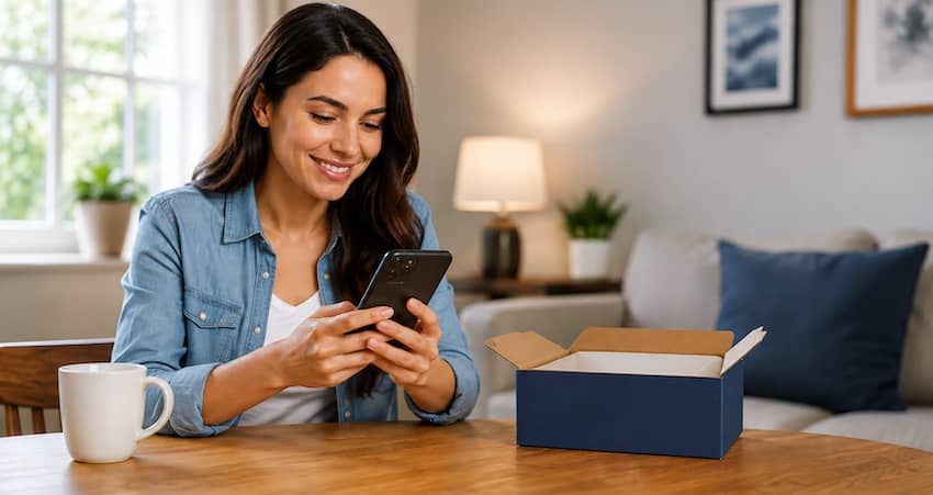 True Wireless Review featuring a woman using a smartphone beside an open wireless service box at home.