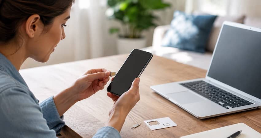 Woman inserting a SIM card into an unlocked smartphone for Unity Wireless SIM card activation