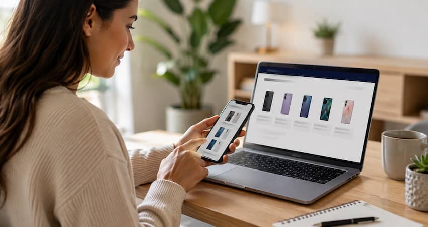 Woman browsing smartphones on her phone while checking Unity Wireless compatible devices on a laptop.