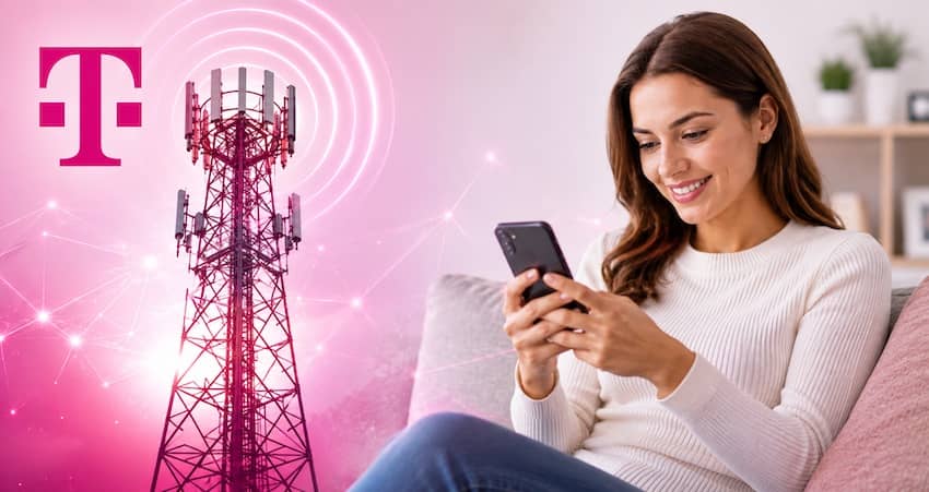T-Mobile network tower with a woman using a smartphone, illustrating Lifeline providers using the T-Mobile network.