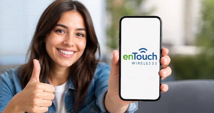 enTouch Wireless review showing a user with a smartphone and enTouch Wireless mobile service branding