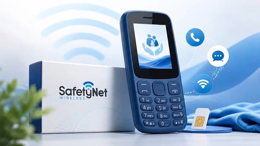 SafetyNet Wireless Review featuring a smartphone, SIM card, wireless connectivity icons, and SafetyNet Wireless branding representing Lifeline phone services.