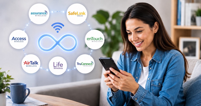 Woman using a smartphone beside logos of top Lifeline providers offering unlimited data