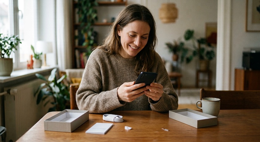 A Single mother unboxing a smartphone at home. The concept is she get a free government phone.