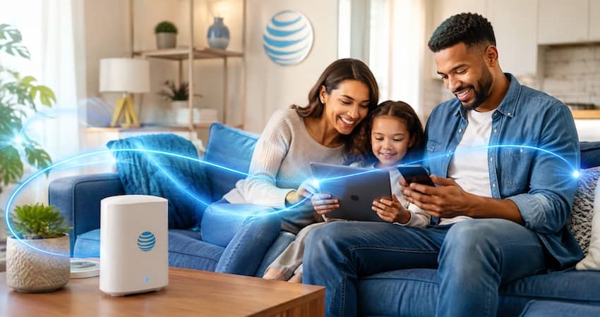 Family using connected devices at home with AT&T branding, illustrating the AT&T Lifeline Discount for affordable phone and internet connectivity.