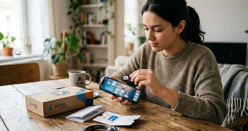Woman inserting SIM card into modern smartphone to activate AirTalk Wireless phone service at home wooden table.
