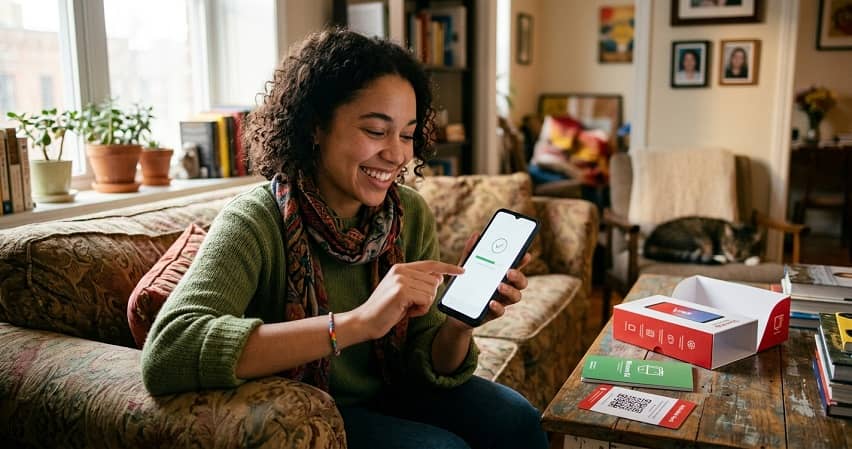 Woman smiles while completing the StandUp Wireless phone activation process using the welcome kit and QR code card.