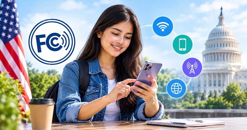 A smiling student uses a smartphone in DC. Overlay icons include the FCC logo and telecommunications symbols representing universal access.