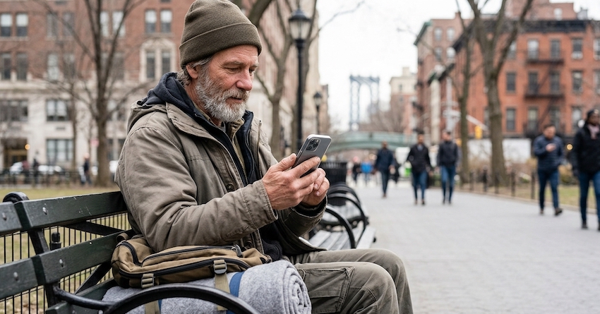 Homeless man sitting on a park bench using a smartphone from a free government phone program for low-income assistance.