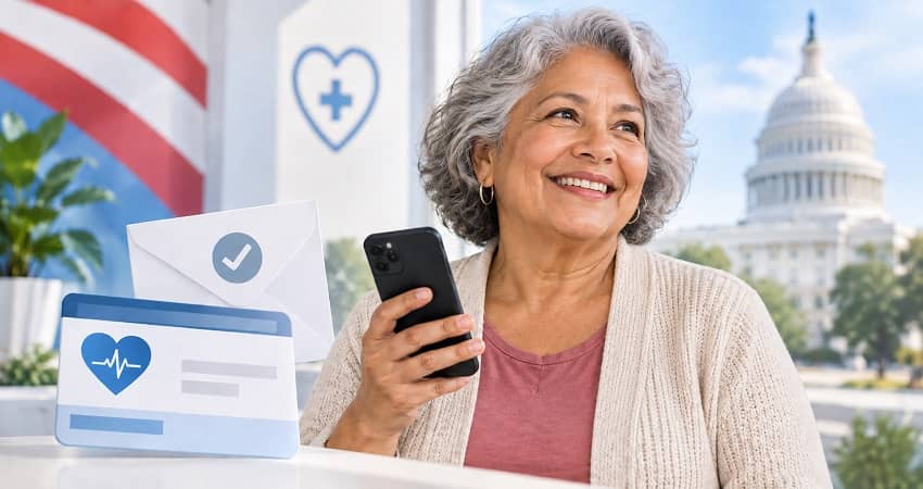 Smiling senior woman holding a free government phone with Medicaid benefit card and approval mail, representing healthcare assistance and phone support.