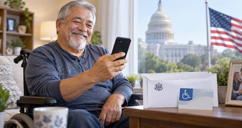 Senior man in a wheelchair using a free government phone with SSDI disability benefits, shown with government assistance mail and U.S. Capitol background.
