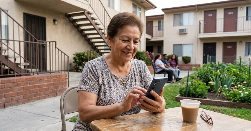 Public housing resident using smartphone outside apartment for free government phone program