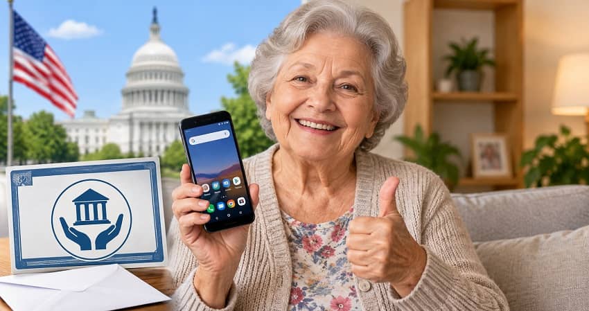 Senior woman holding a free government phone for Supplemental Security Income (SSI) recipients with U.S. government assistance imagery in the background.