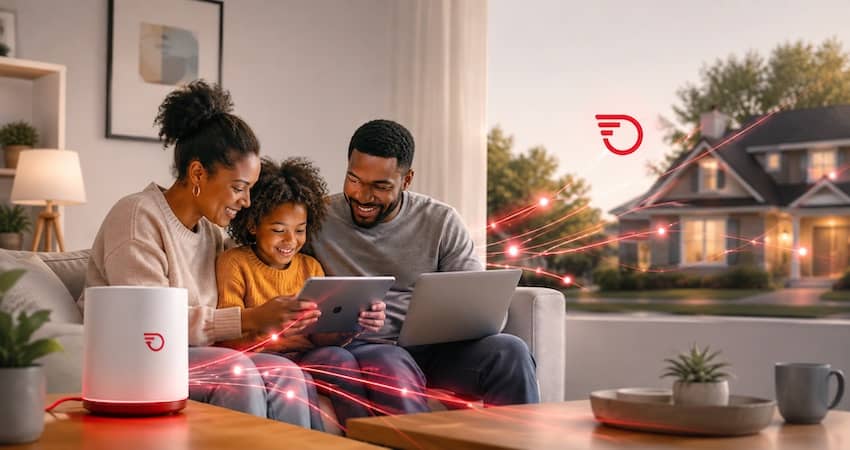 Family using home internet and connected devices with Frontier branding, illustrating Frontier Communications Lifeline affordable connectivity services.