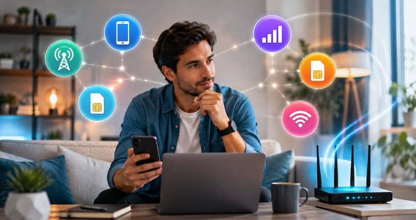 Man comparing phone, SIM, signal, and Wi-Fi options at home, illustrating Maxsip alternatives for affordable mobile and internet service.