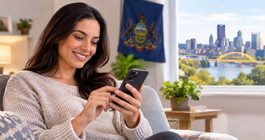 Pennsylvania resident using a smartphone at home, illustrating the 2026 Lifeline Program and free government phone assistance for eligible PA residents.
