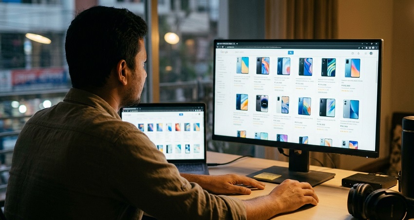 Man researching mobile phones on an e-commerce website using a large monitor.