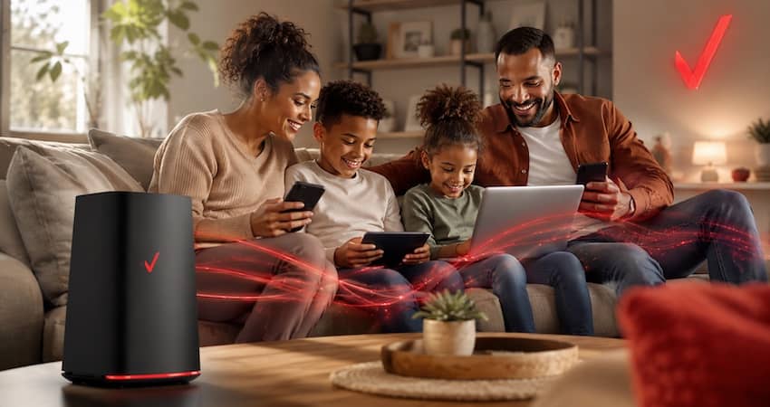 Family using smartphones, tablet, and laptop at home with Verizon-style branding, illustrating the Verizon Lifeline Discount for affordable phone and internet connectivity.