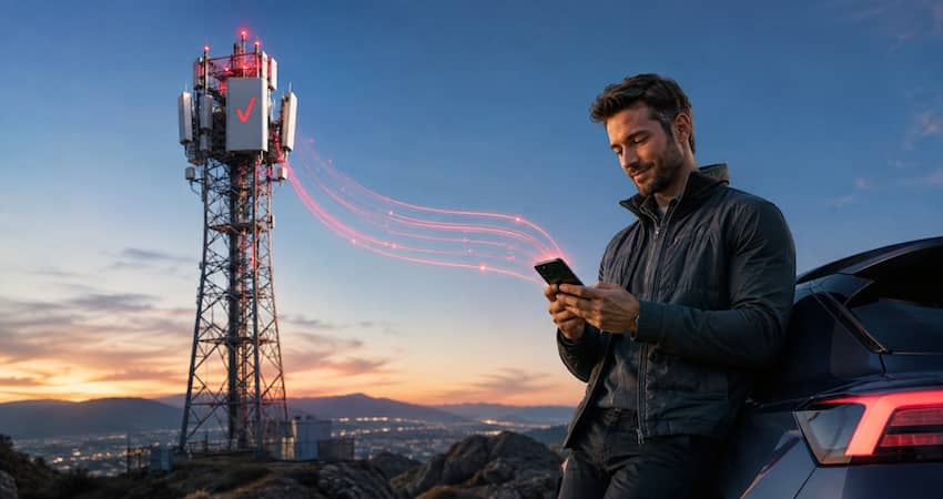 Man using a smartphone near a Verizon-branded cell tower, illustrating Lifeline providers that use the Verizon network for wireless service.
