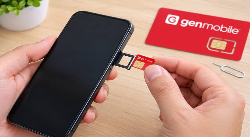 Inserting a Gen Mobile nano SIM card into a phone’s SIM tray”
Placement: Under “Step 3: Insert the SIM.