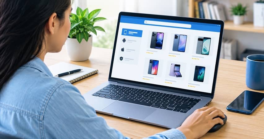 Person searching for phones compatible with AirTalk Wireless on a laptop for a 2026 BYOP guide.