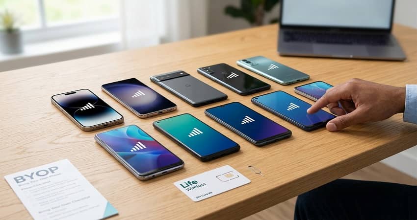 Smartphone models on a wooden desk with a hand, illustrating compatibility for a Life Wireless Bring Your Own Phone (BYOP) plan in 2026.