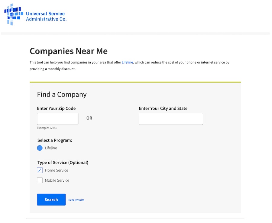 USAC Companies Near Me tool with the Home Service filter selected to find Lifeline landline companies by ZIP code