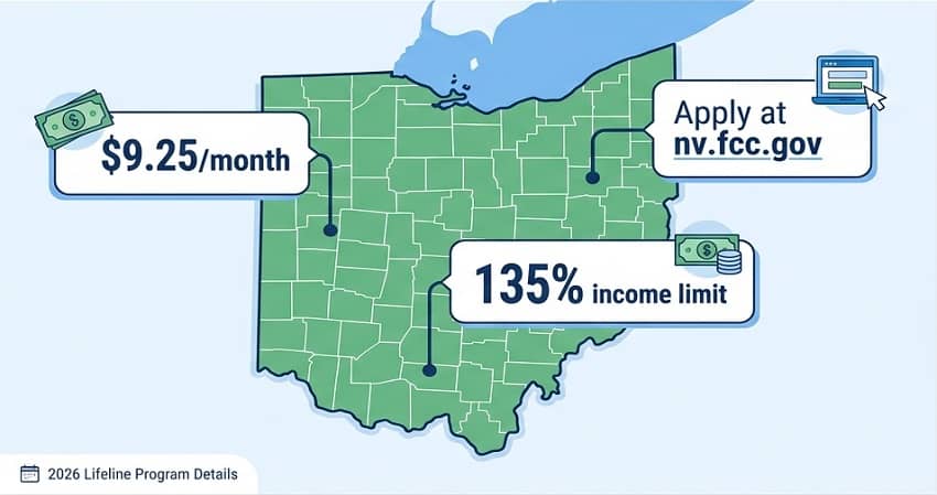 Ohio Lifeline Program 2026 summary showing the $9.25 monthly benefit and income limits